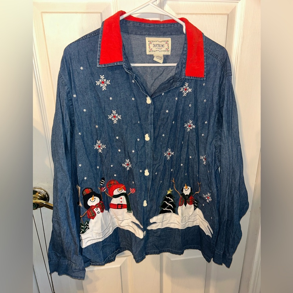 Vtg Tantrums XXL Denim Embroidered Christmas Shirt Corduroy CollarSnowman Button - Picture 2 of 5